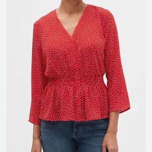 Banana Republic Smocked waist V neck button front top. Red with white polka dots